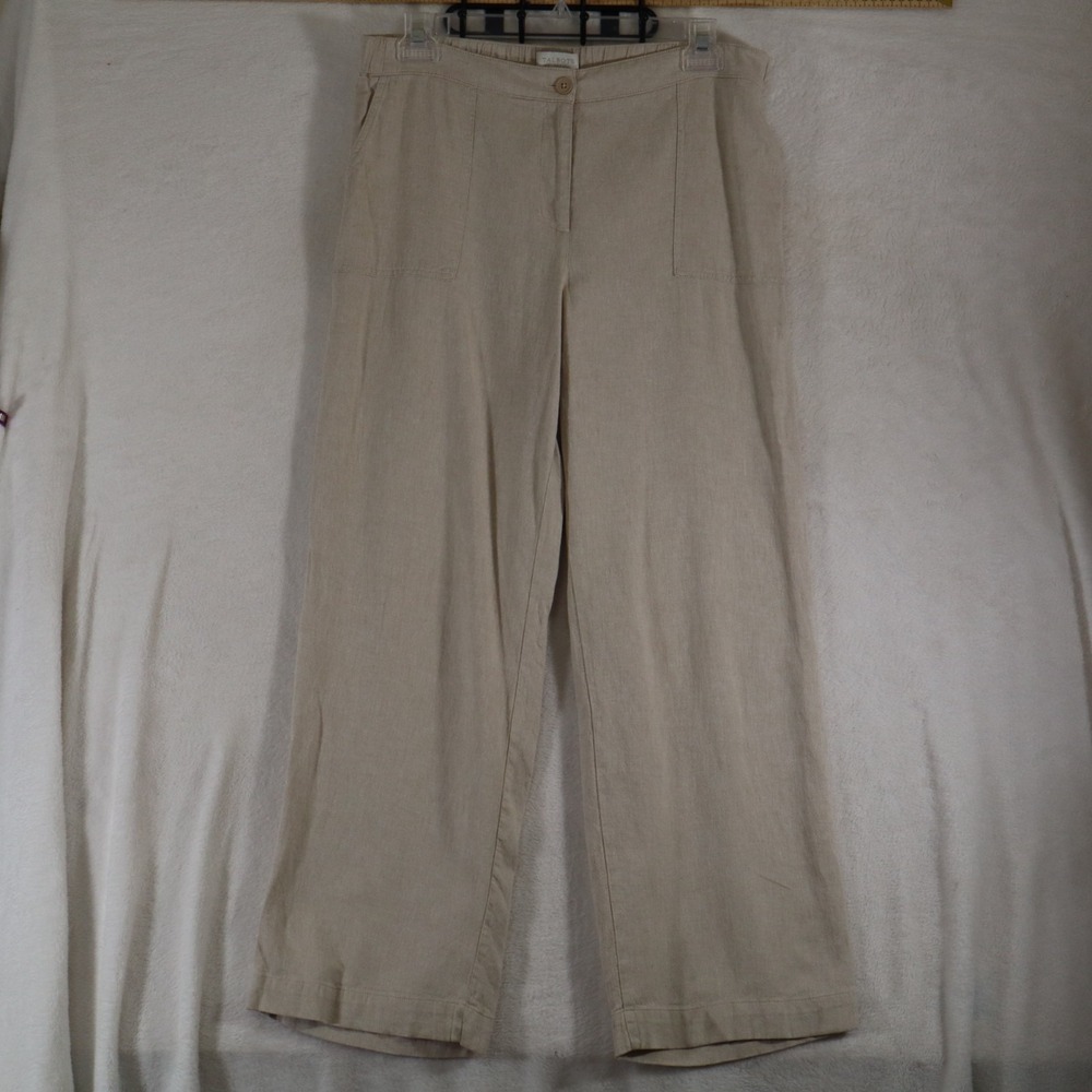 Talbots Women's Size 14 Tan Linen Blend Wide Leg Pants Elastic Waist Casual